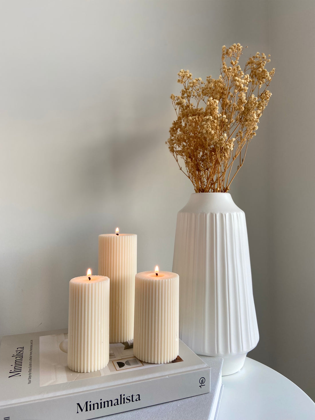 Ribbed Pillar Candles- Minimalista Book- Vase with Dried flowers